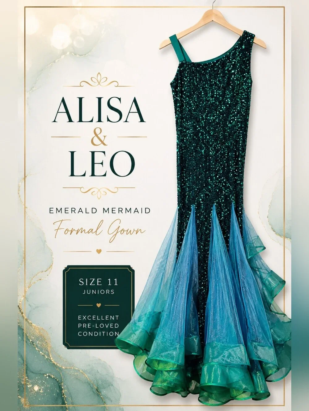 Alisa & Leo Emerald Sequin Mermaid Formal Gown Prom Dress One Shoulder 11Y